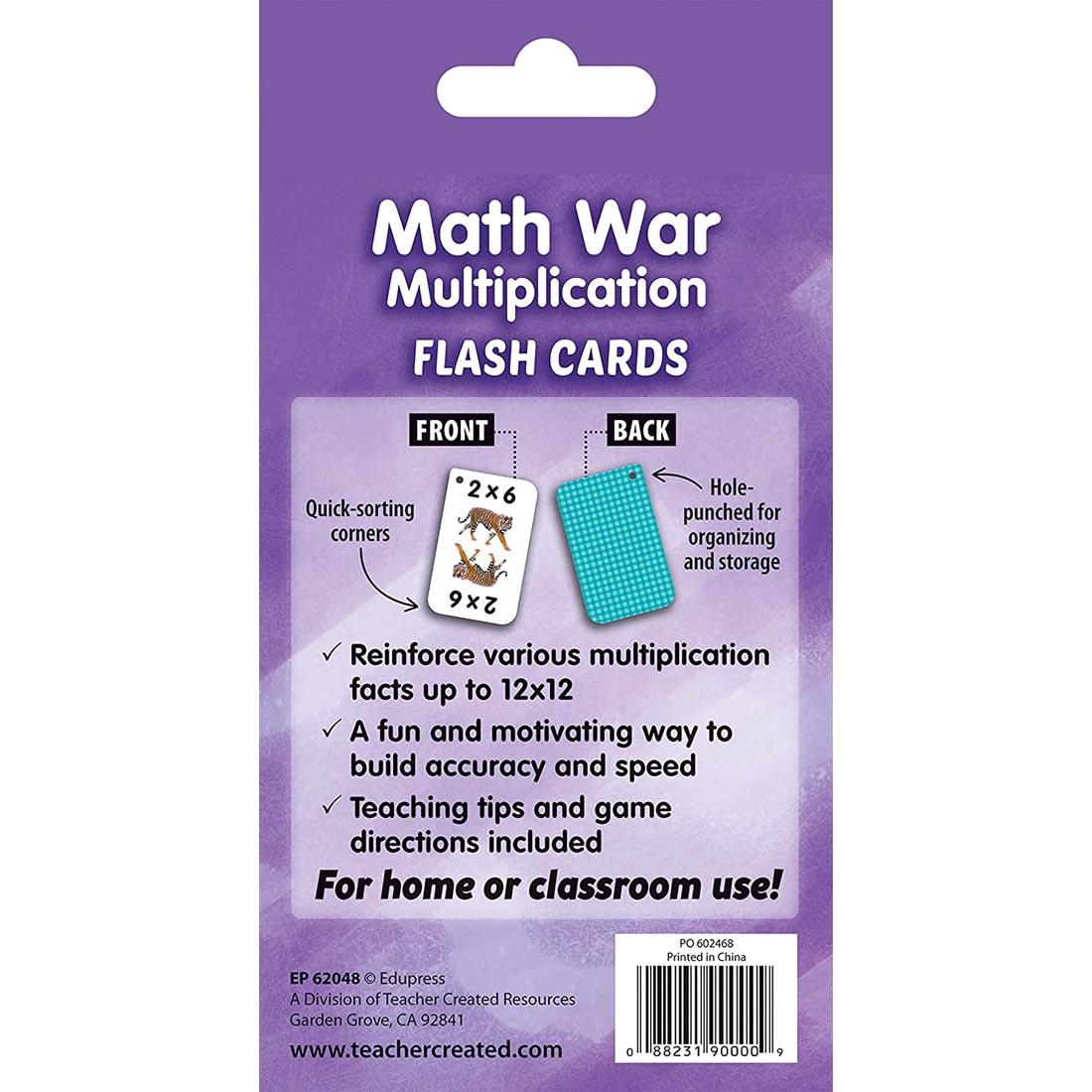 Back of package of Math War Multiplication Flash Cards