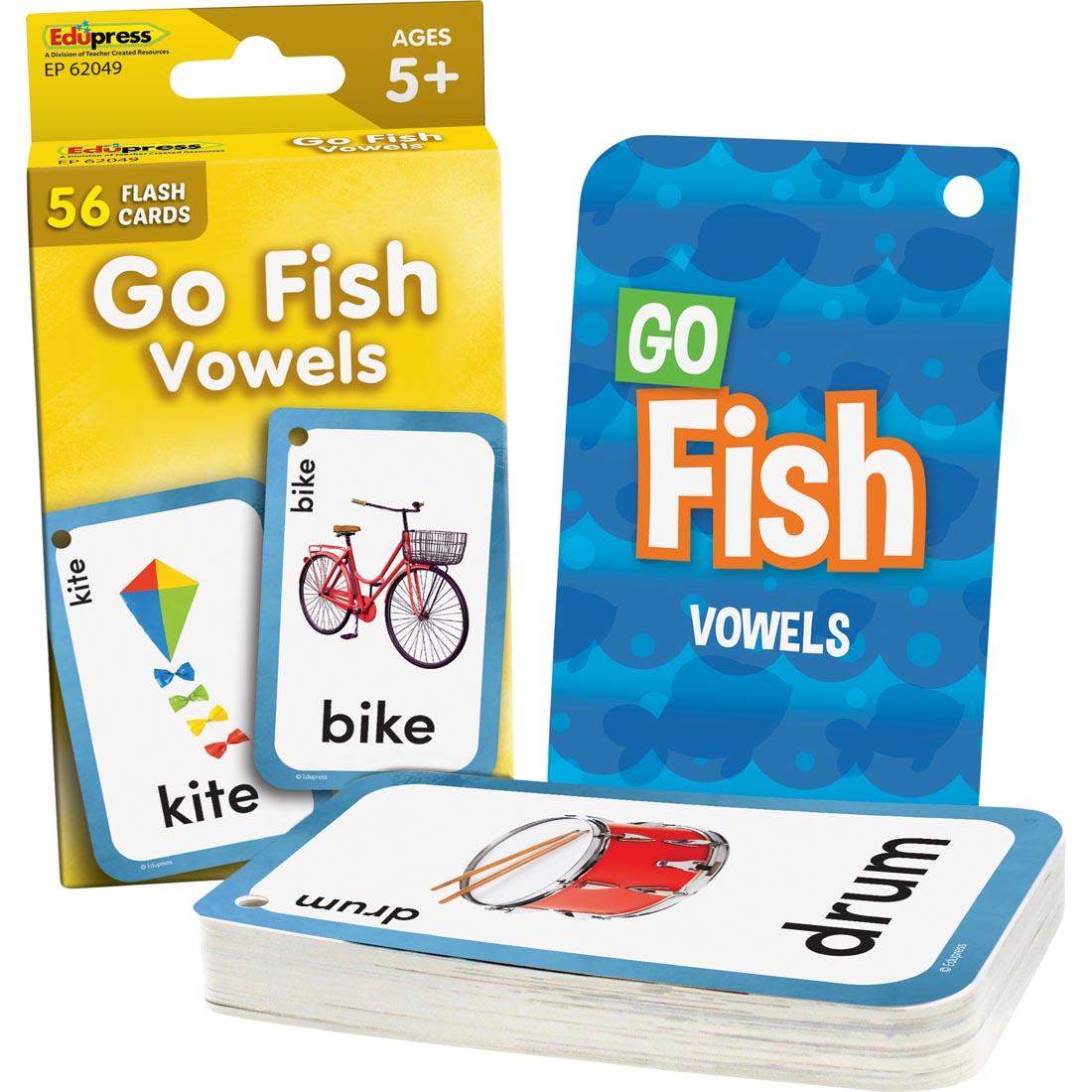 package and cards of Go Fish Vowels Flash Cards By Teacher Created Resources