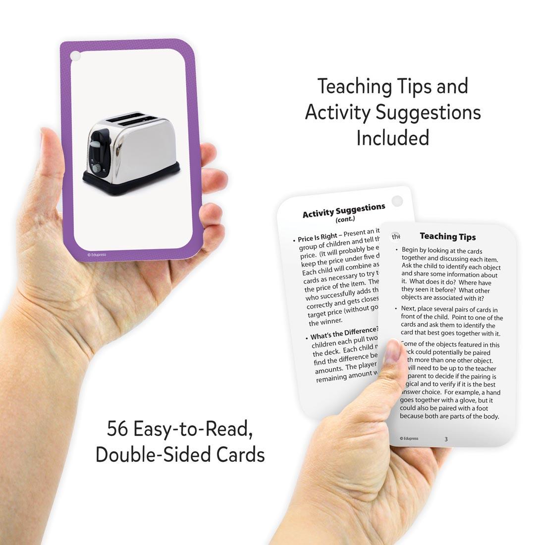 Two hands holding cards from Go Together Flash Cards and text about features