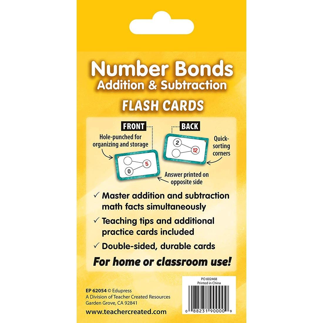 Back of package of Number Bonds Addition And Subtraction Flash Cards