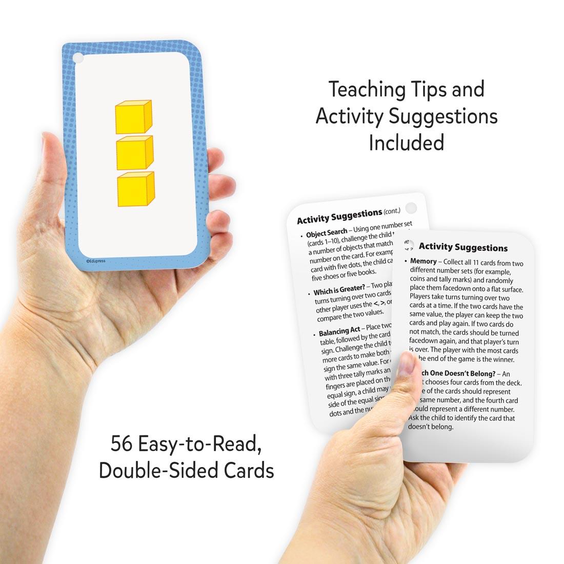 hands holding Number Sense Flash Cards plus text Teaching Tips and Activity Suggestions Included; 56 Easy-to-Read, Double-Sided Cards