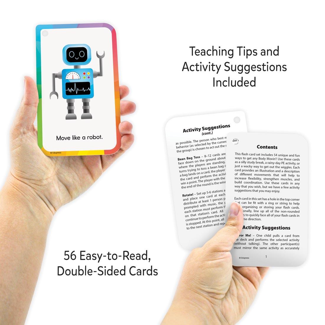 Two hands holding up cards from Body Movin' Flash Cards