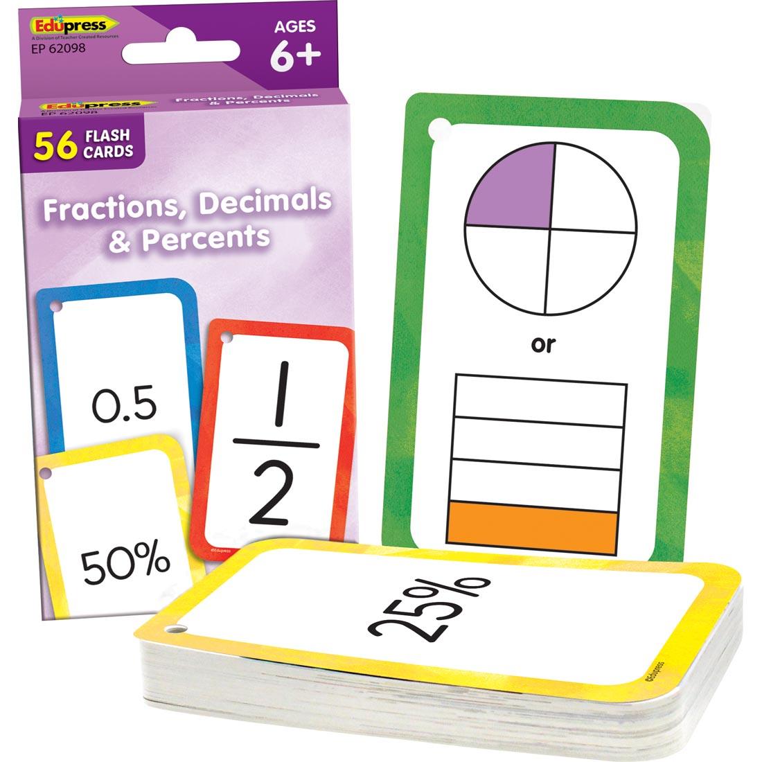 pile of cards beside the box for Fractions, Decimals & Percents Flash Cards by Edupress