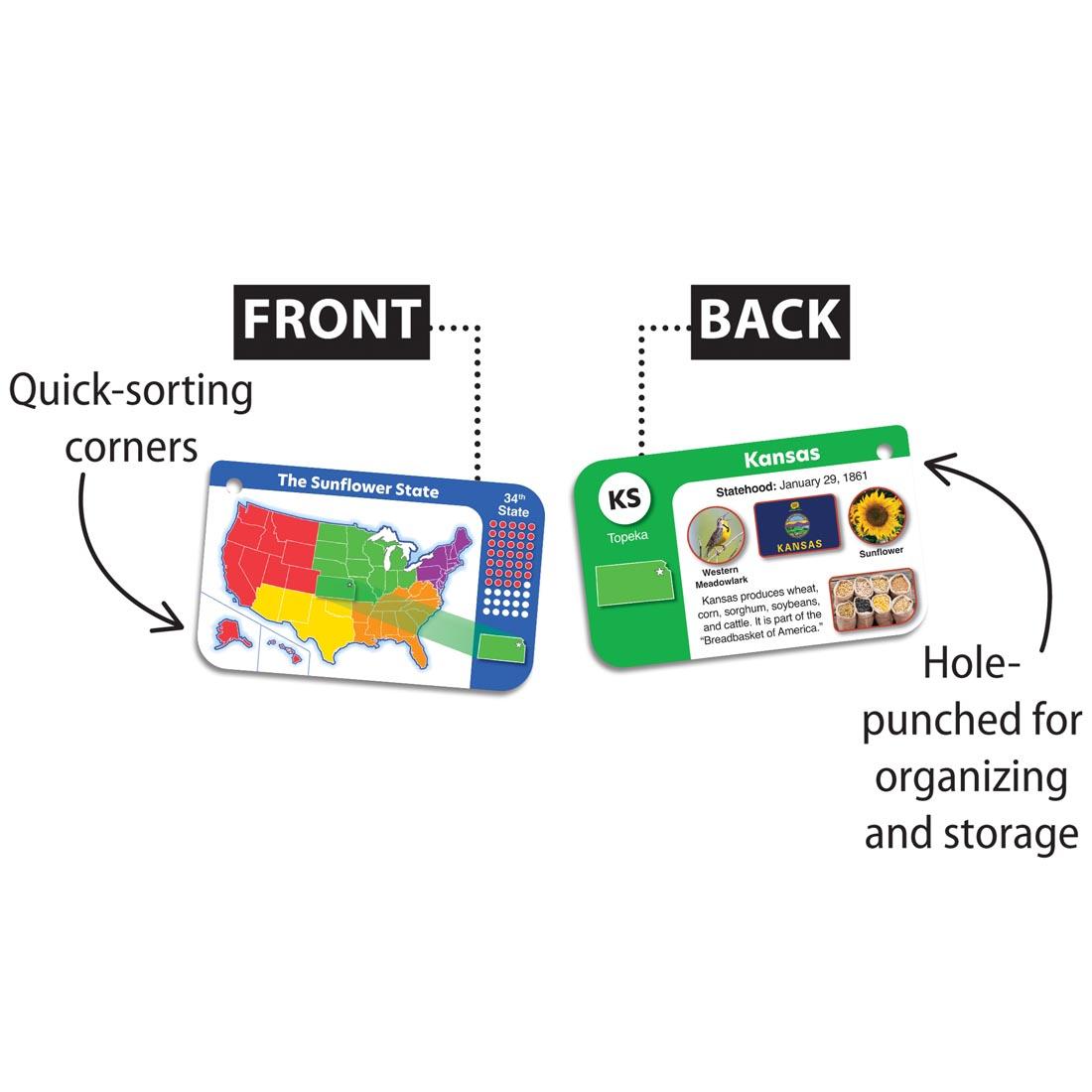 2 US States Flash Cards with text: Front/Back; Quick-sorting corners; Hole-punched for organizing and storage