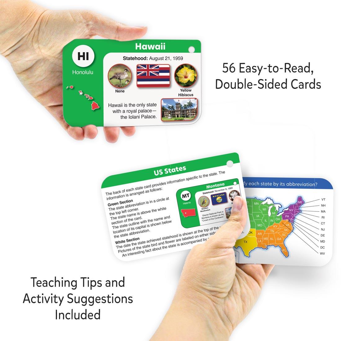 hands holding 3 US States Flash Cards with text: 56 Easy-to-Read Double-Sided Cards; Teaching Tips and Activity Suggestions Included