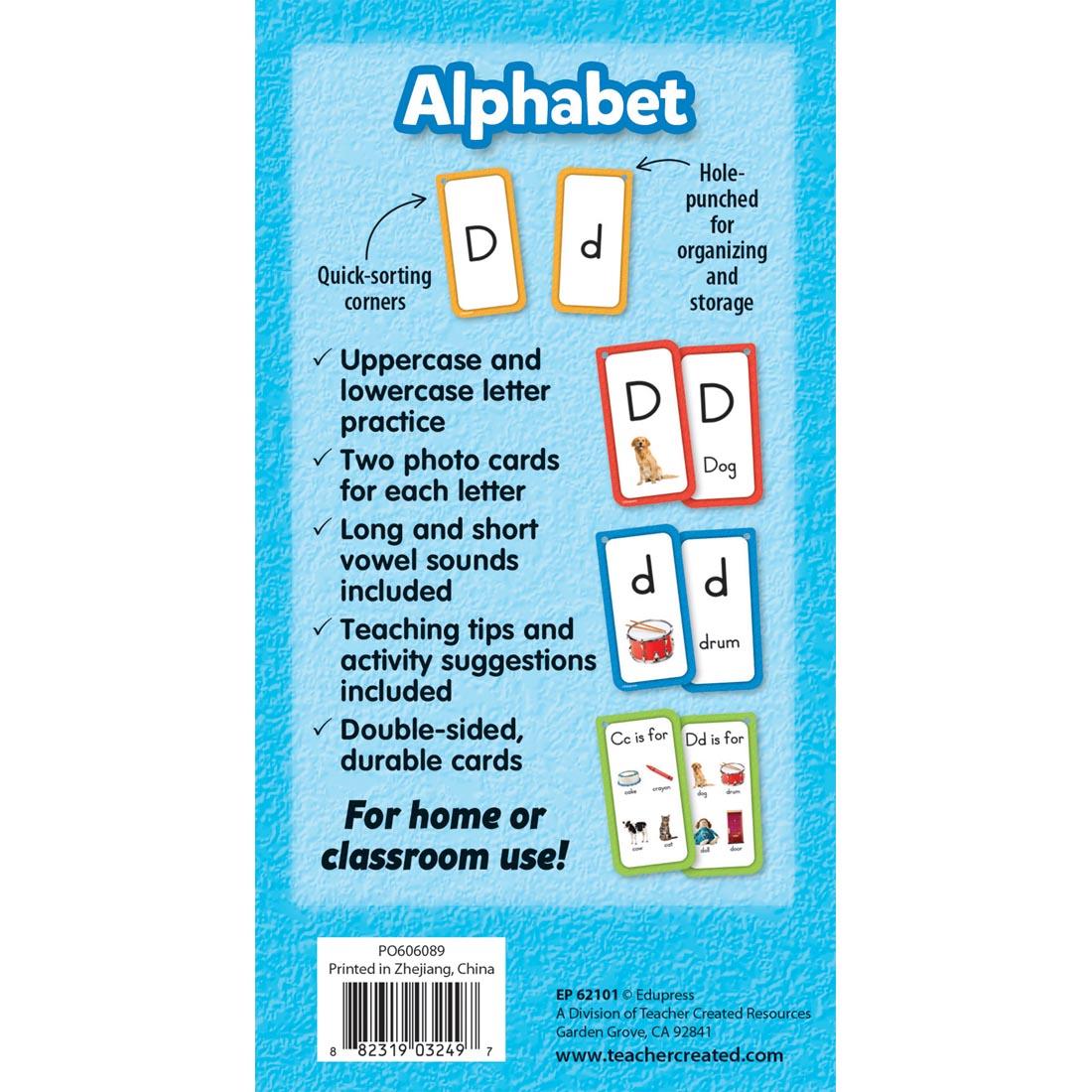 back of package for the Alphabet Flash Cards Deluxe Set by Edupress