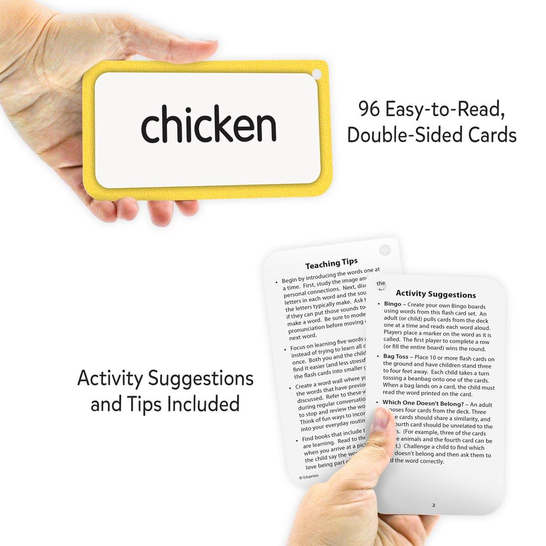 hands holding cards from the Picture Words Flash Cards Deluxe Set plus text Activity suggestions and tips included; 96 easy-to-read, double-sided cards