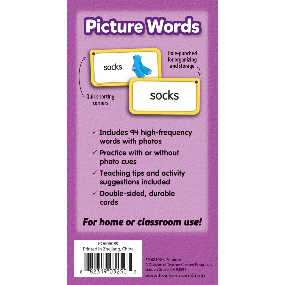 back of package for Picture Words Flash Cards Deluxe Set by Edupress