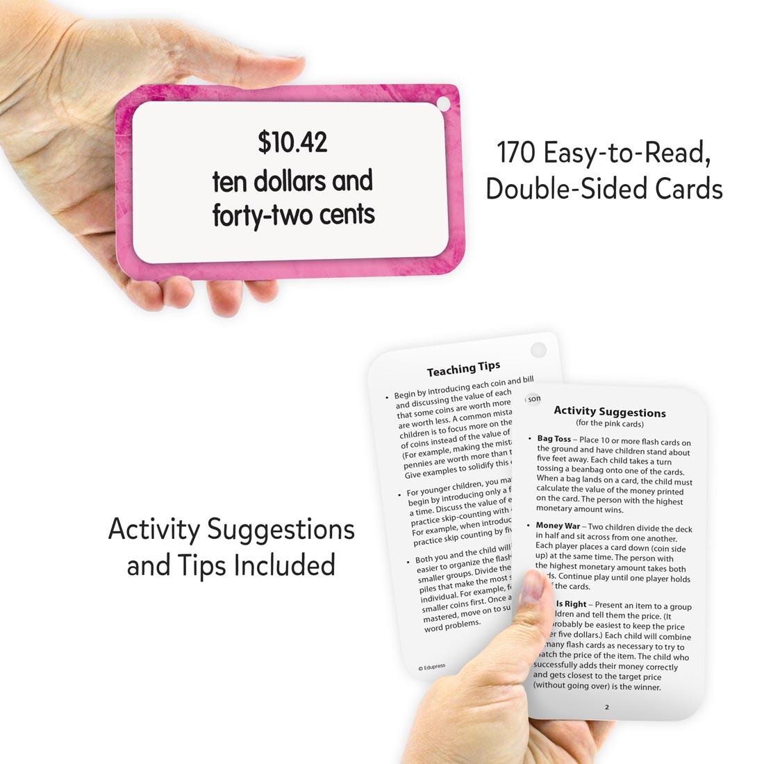 hands holding cards from the Money Flash Cards Deluxe Set By Edupress plus text Activity suggestions and tips included; 170 easy-to-read, double-sided cards