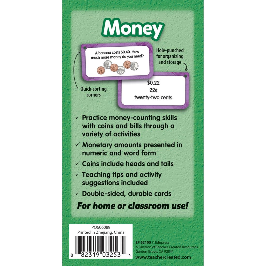 back of package for Money Flash Cards Deluxe Set By Edupress