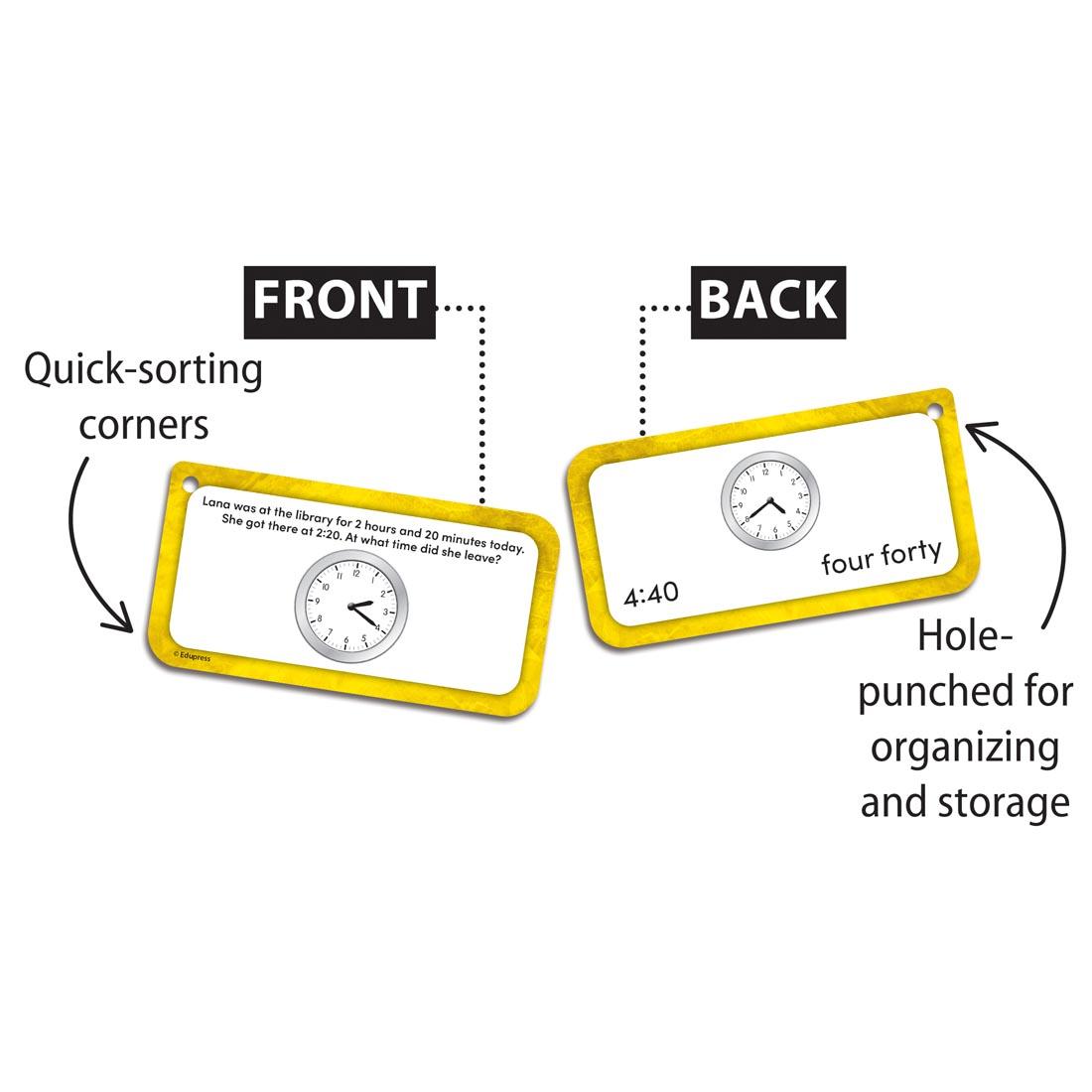 2 cards from the Telling Time Flash Cards Deluxe Set By Edupress plus text Front; Quick-sorting corners; Back; hole-punched for organizing and storage