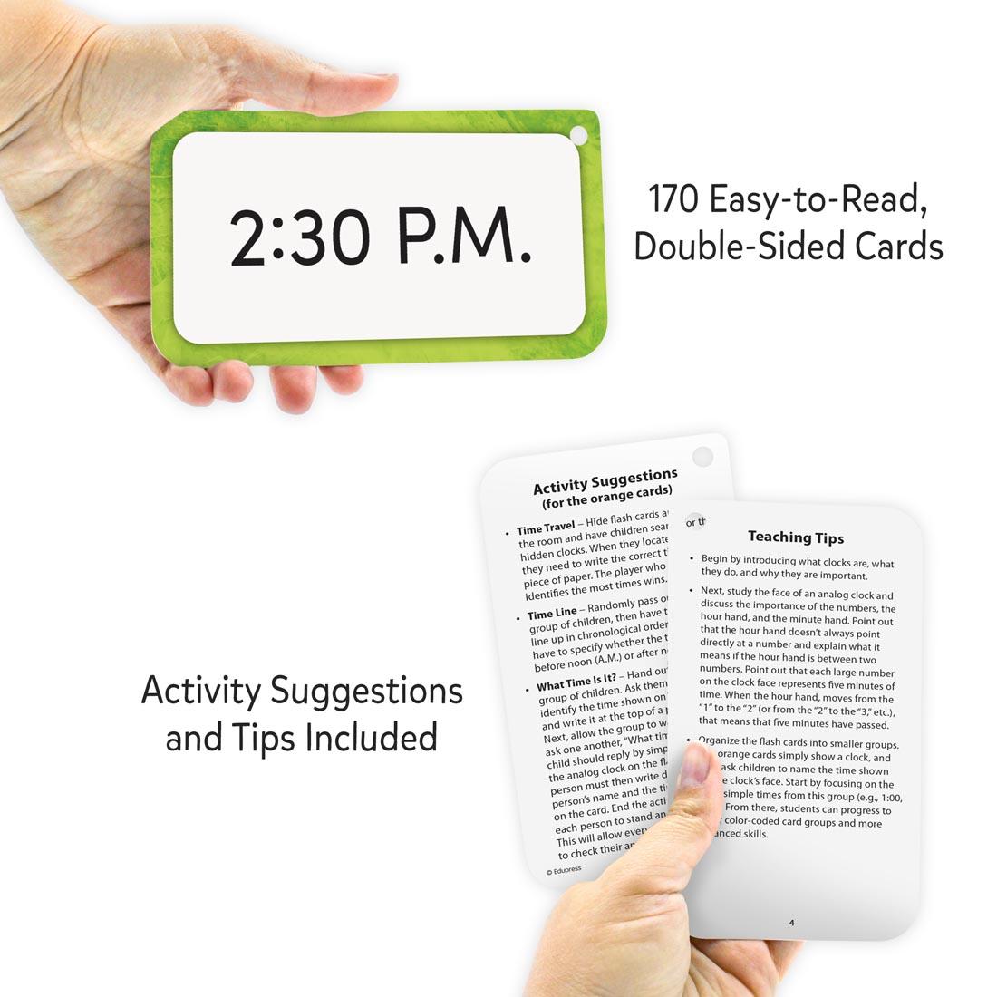 hands holding cards from the Telling Time Flash Cards Deluxe Set By Edupress plus text Activity suggestions and tips included; 170 easy-to-read, double-sided cards