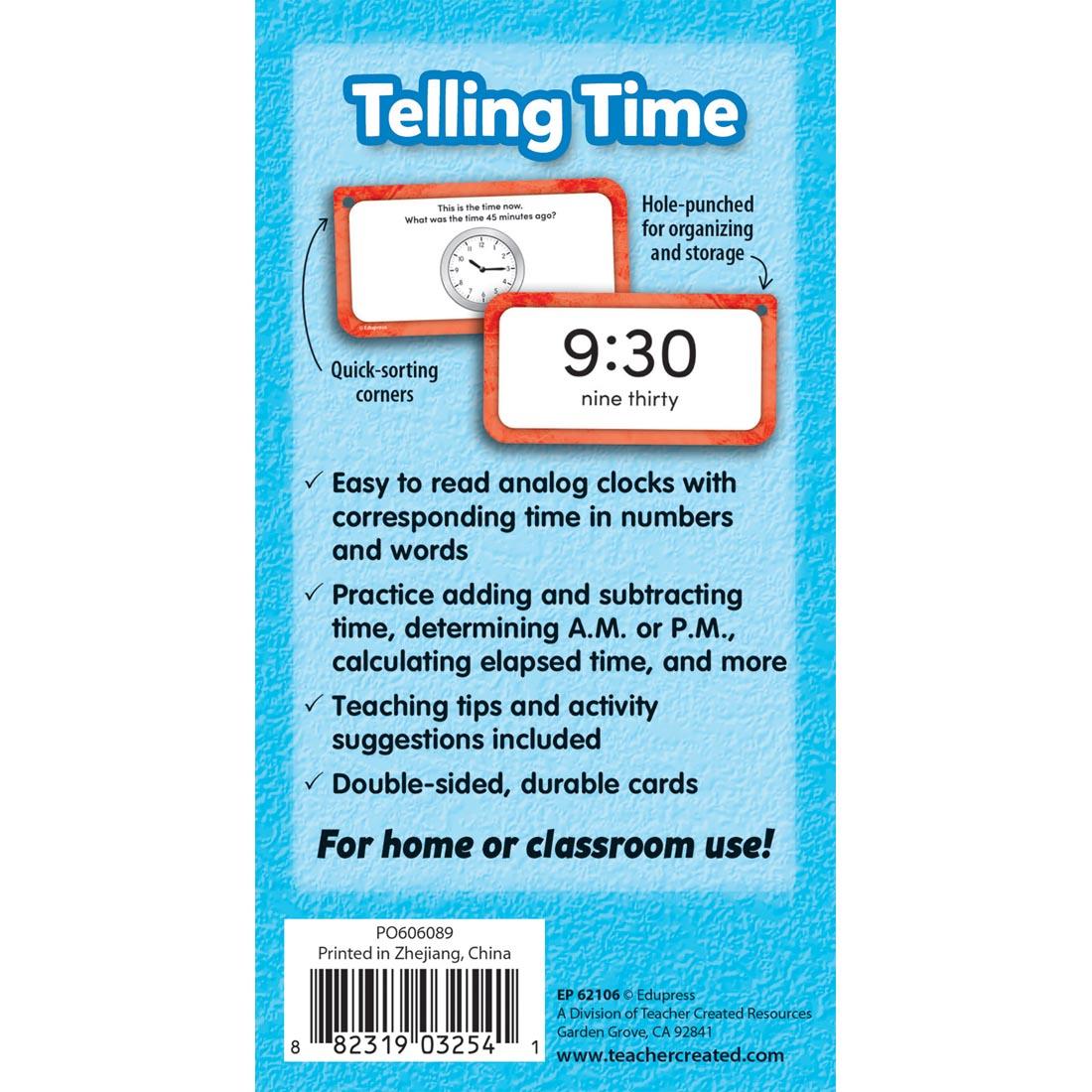 back of package for Telling Time Flash Cards Deluxe Set By Edupress