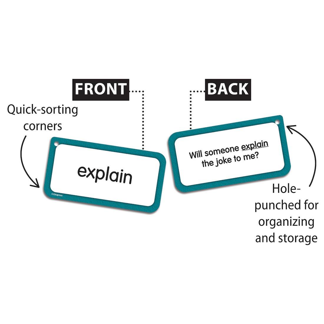 2 cards from the Sight Words Flash Cards Level 3 By Edupress plus text Front; Quick-sorting corners; Back; hole-punched for organizing and storage