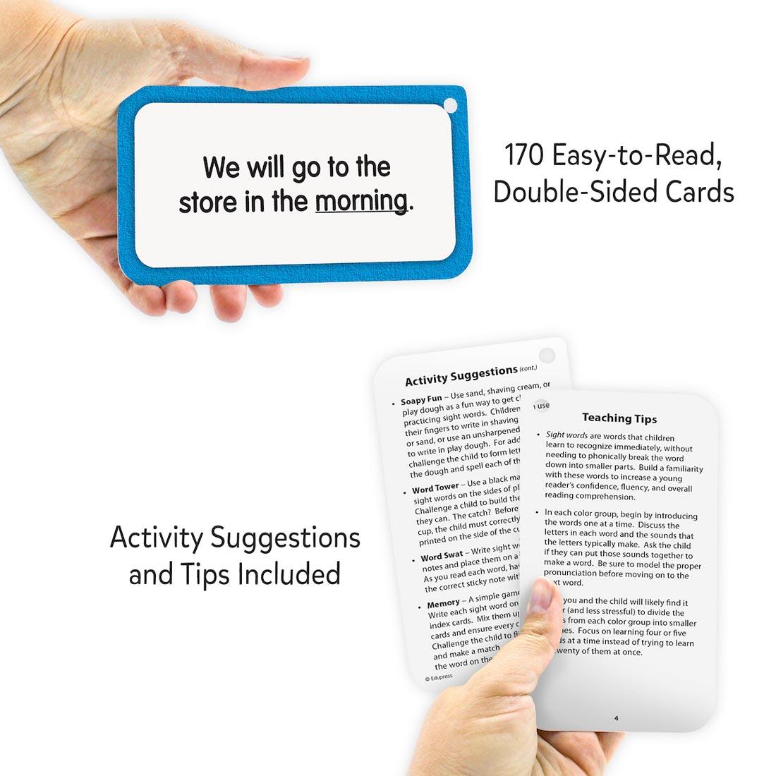 hands holding cards from the Sight Words Flash Cards Level 3 By Edupress plus text Activity suggestions and tips included; 170 easy-to-read, double-sided cards