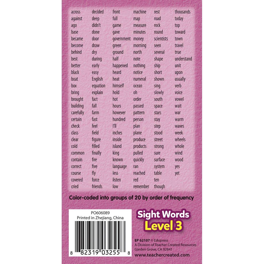 back of package for Sight Words Flash Cards Level 3 By Edupress
