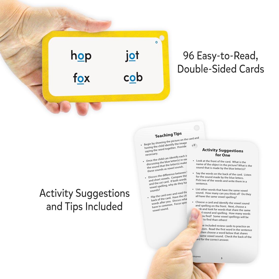 hands holding cards from the Vowels and Vowel Teams Flash Cards Deluxe Set By Edupress plus text Activity suggestions and tips included; 96 easy-to-read, double-sided cards