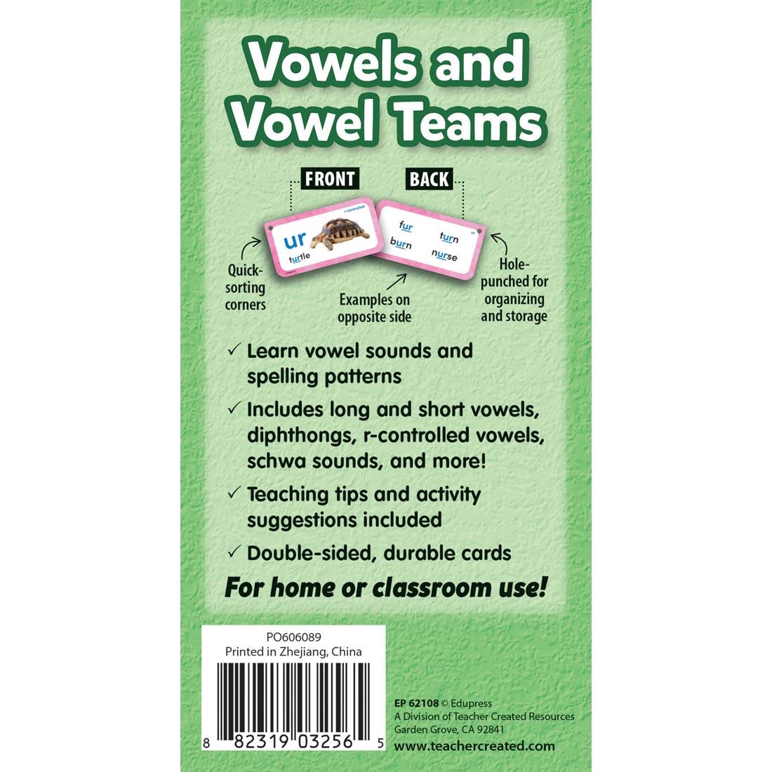 back of package for Vowels and Vowel Teams Flash Cards Deluxe Set By Edupress
