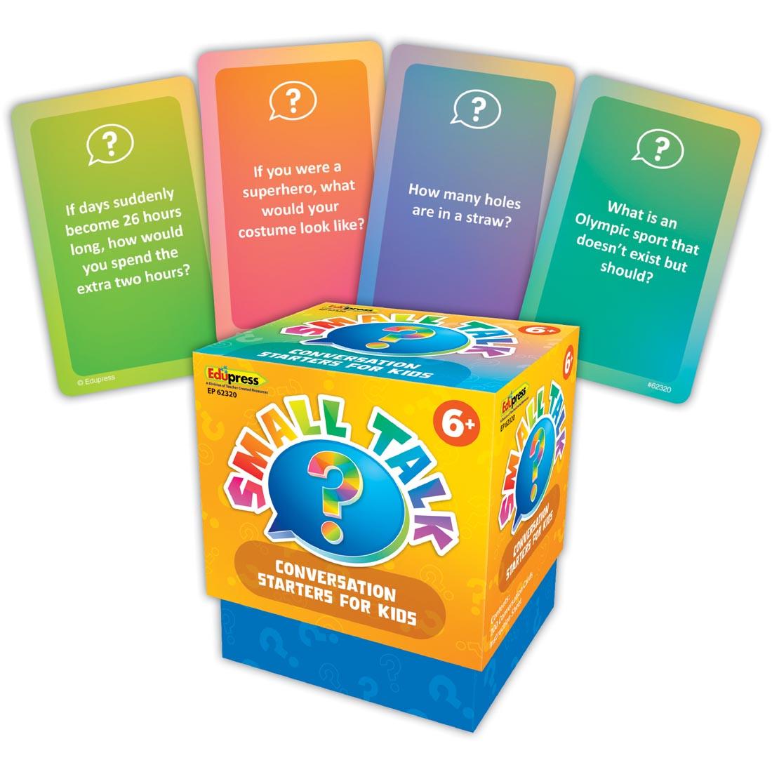 4 cards displayed outside the box for Small Talk: Conversation Starters for Kids