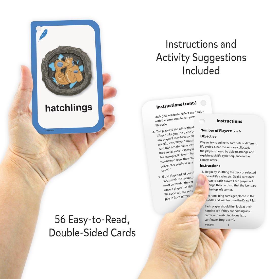 hands holding 3 Go Fish Life Cycles Flash Cards with text: Instructions and Activity Suggestions Included; 56 Easy-to-Read Double-Sided Cards