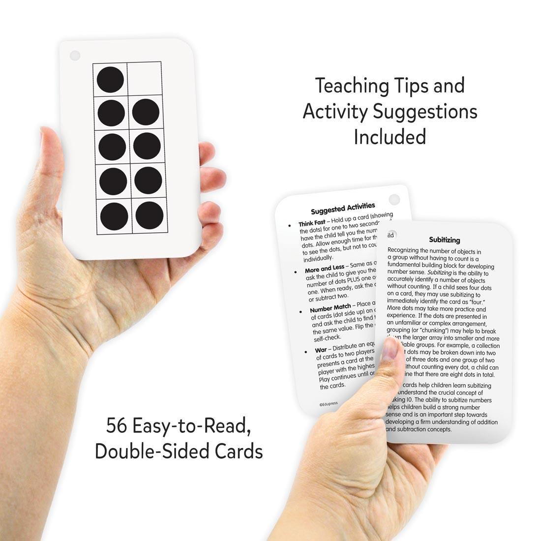 hands holding Subitizing Flash Cards plus text Teaching Tips and Activity Suggestions Included; 56 Easy-to-Read, Double-Sided Cards