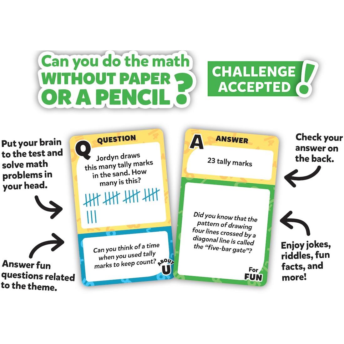 2 cards from Daily Mental Math Challenges By Edupress plus text Can you do the math without paper or a pencil? Challenge accepted! and more features of the set explained