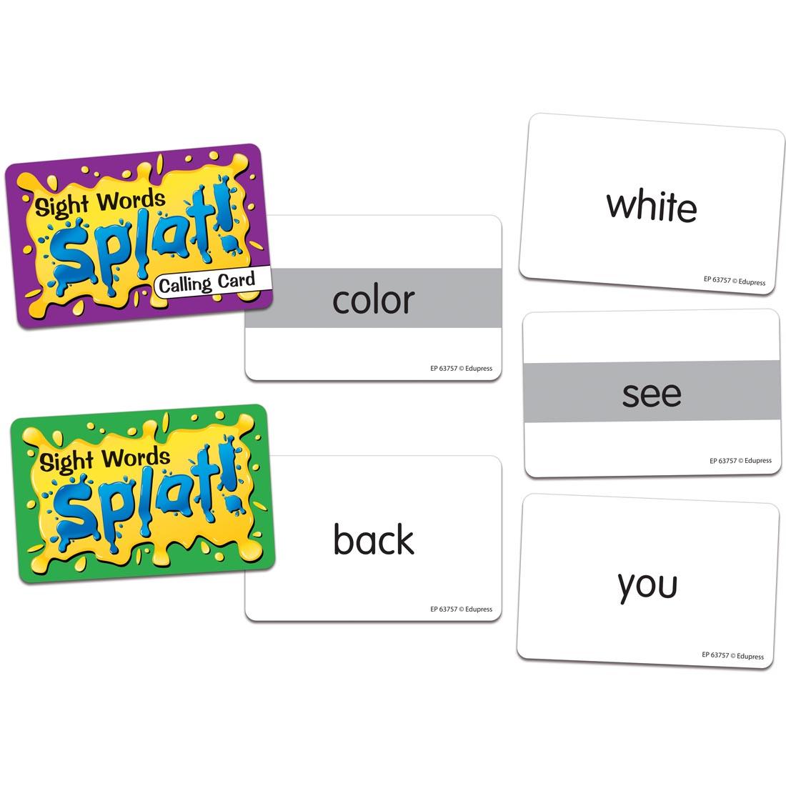 fronts and backs of cards from Sight Words Grades K-1 Splat Game