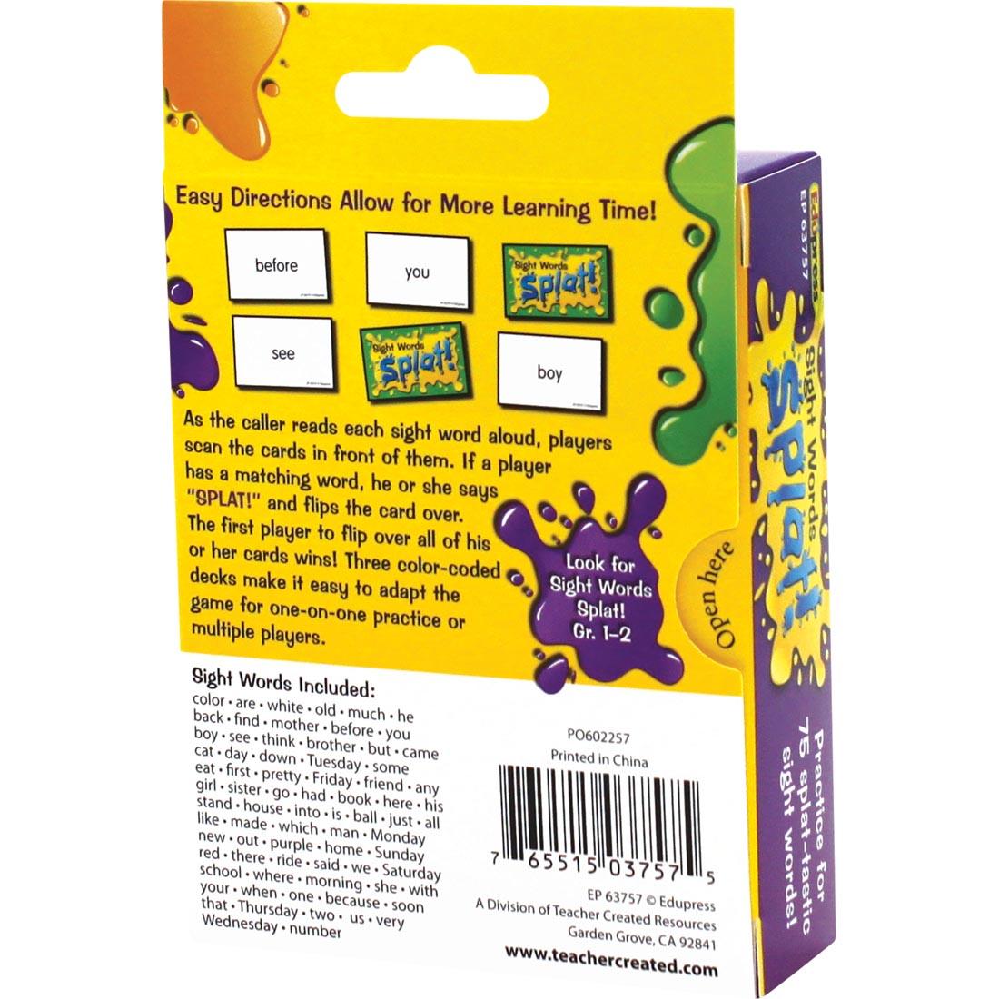 back of box for Sight Words Grades K-1 Splat Game