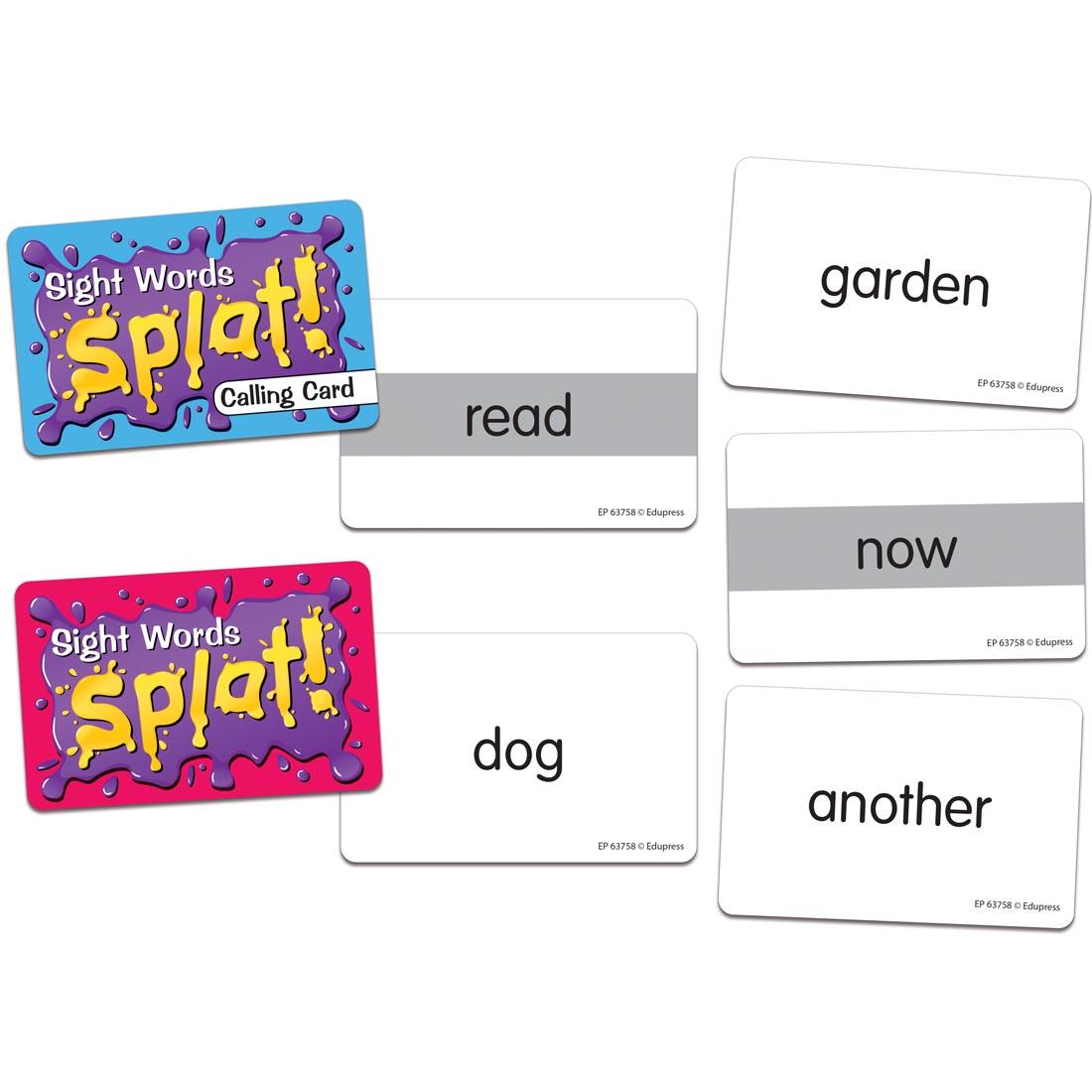 fronts and backs of cards from Sight Words Grades 1-2 Splat Game