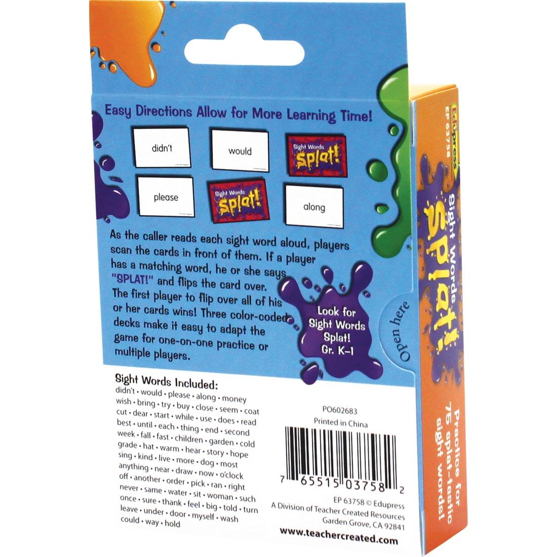 back of box for Sight Words Grades 1-2 Splat Game