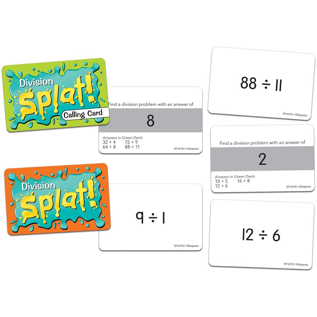 examples of cards from the Division Splat Math Game