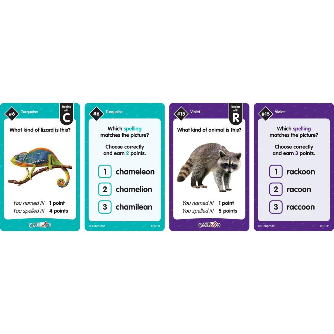 Front and back of two example cards from SpellChecked Card Game