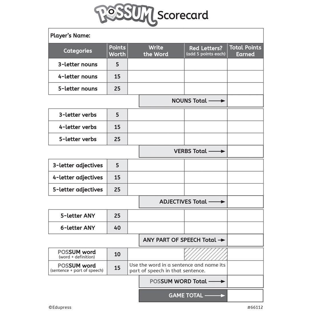 Scorecard from Possum Dice Game