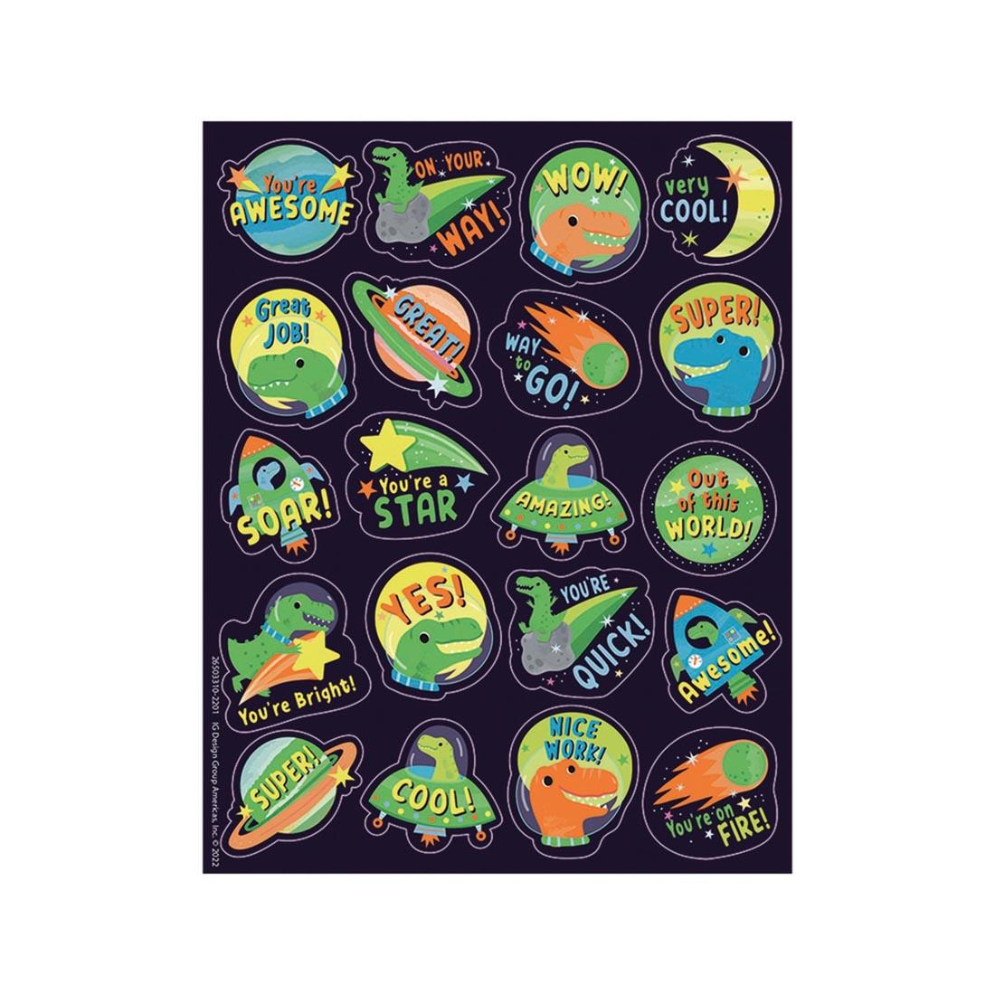 Sample sheet of Dinosaur Green Apple Scented Stickers, featuring various dinosaurs and space-themed items, By Eureka