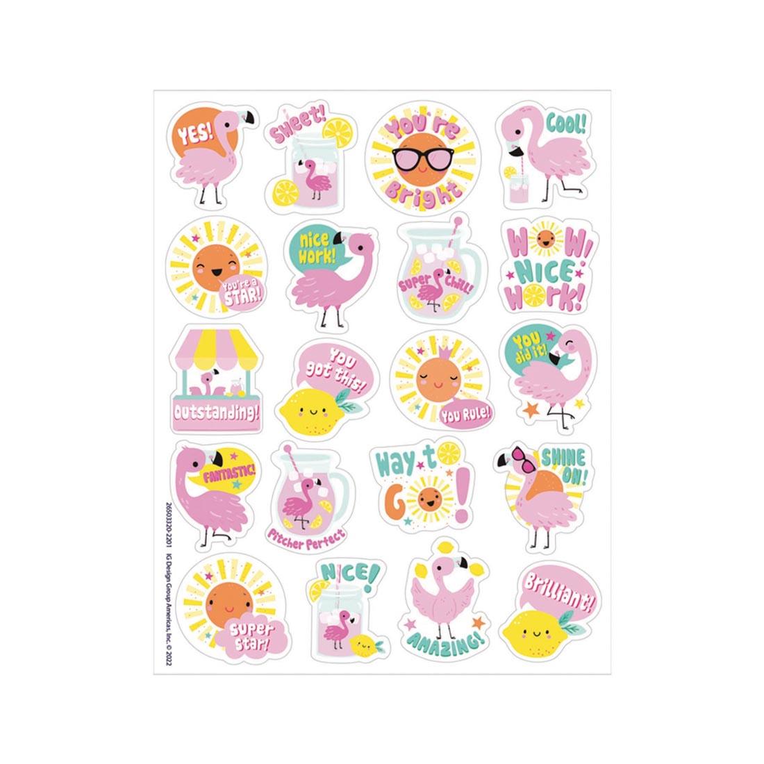 sample sheet of Strawberry Lemonade Scented Stickers, featuring flamingoes and various other items, By Eureka