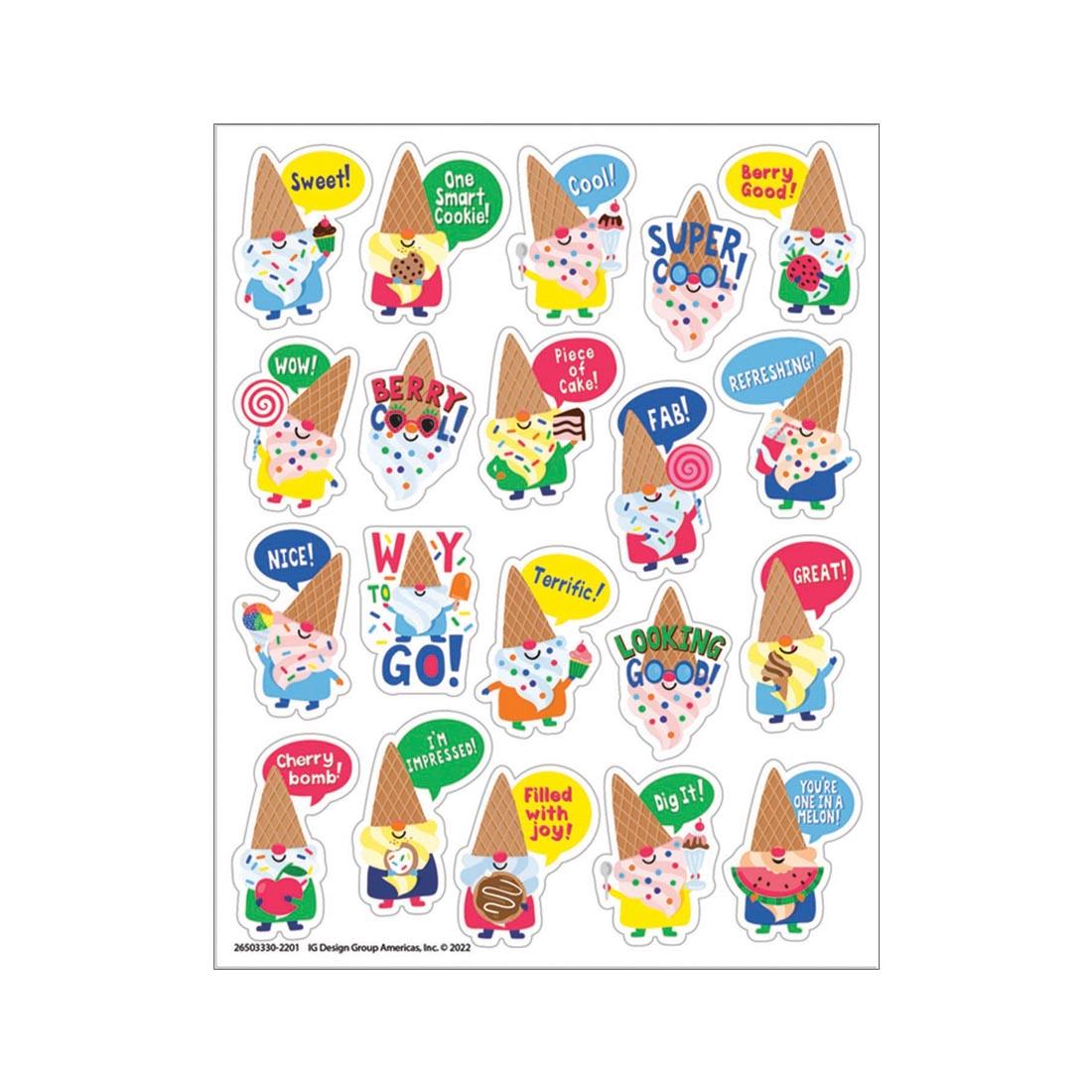sample sheet of Dessert Gnomes Candy Scented Stickers By Eureka, featuring gnomes with ice cream cone hats and various desserts