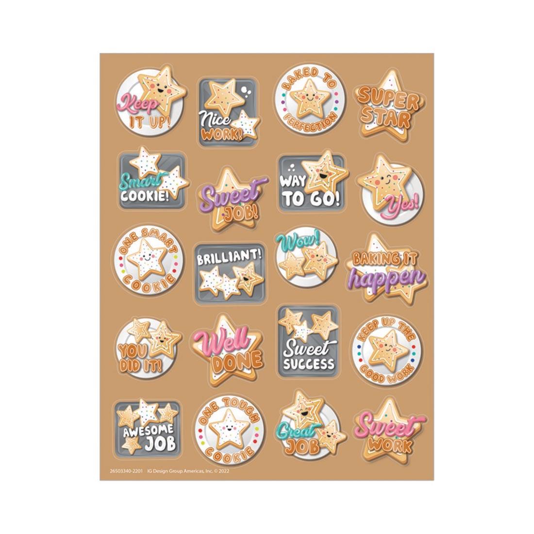 Sample sheet of Star Sugar Cookie Scented Stickers By Eureka, featuring various star shaped cookies and positive phrases