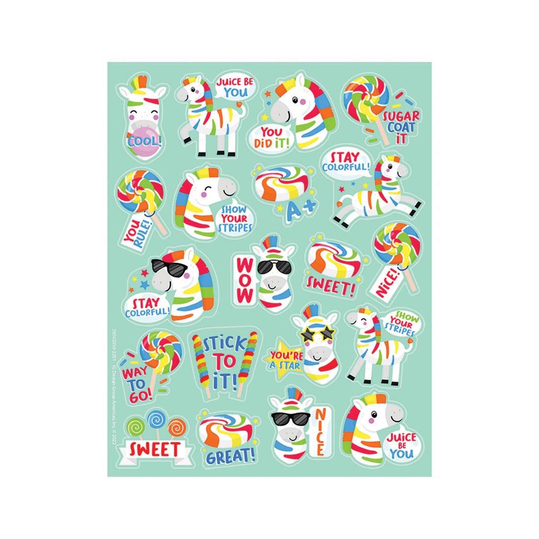 Sample sheet of Zebras Fruit Punch Scented Stickers By Eureka, featuring various zebras with rainbow stripes, positive phrases and candy shapes