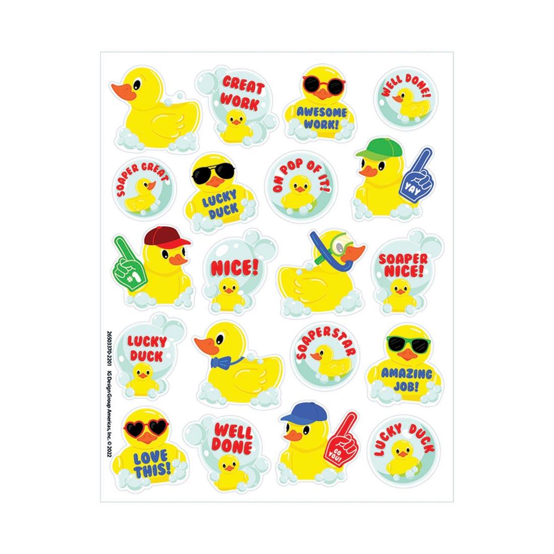 sample sheet of Rubber Duckies Bubble Bath Scented Stickers By Eureka, featuring yellow ducks, some with positive phrases
