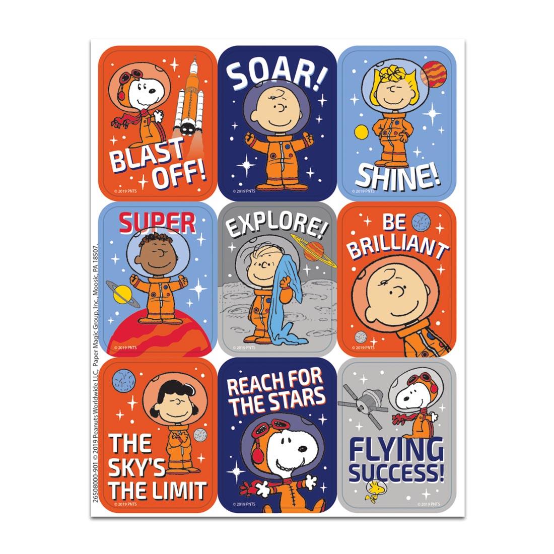 Peanuts NASA Giant Stickers by Eureka include words like Blast Off, Soar, Shine!