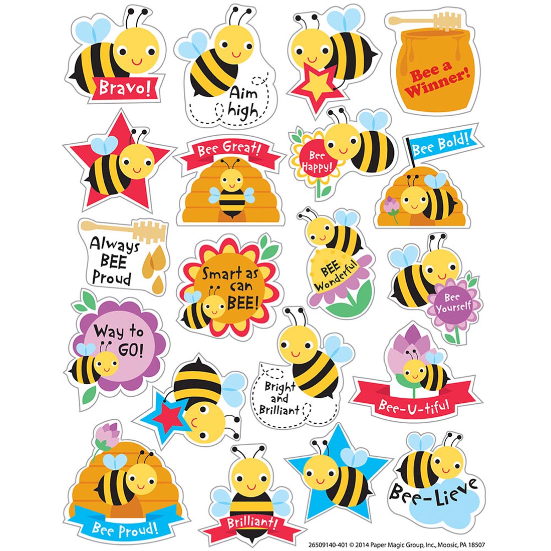 Honey Scented Stickers by Eureka are Bees with Sayings Like Bravo, Bee a Winner and Bee Bold