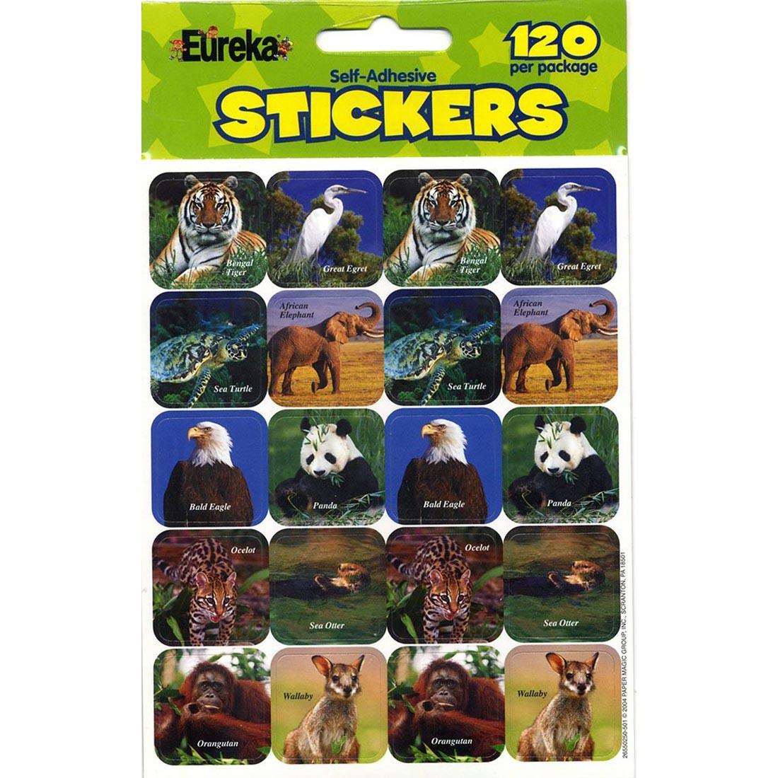 Endangered Animals Stickers by Eureka have the animal name printed, such as Bengal tiger, great egret, African elephant