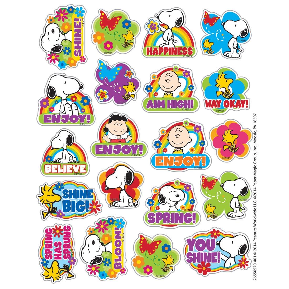 Peanuts Spring Stickers by Eureka with sayings like Enjoy! Shine Big! Spring Has Sprung