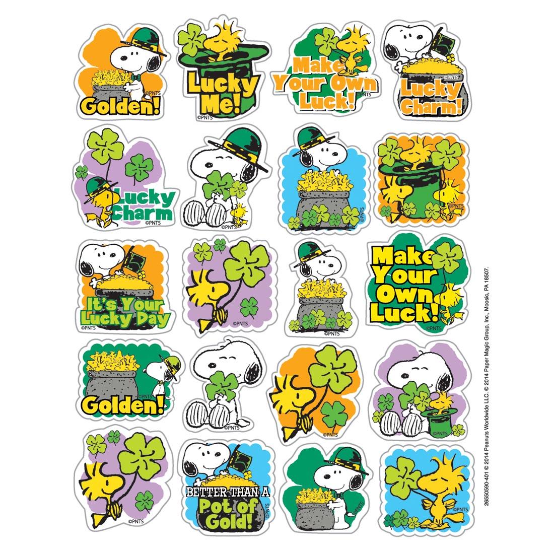 Peanuts St. Patrick's Day Stickers by Eureka with sayings like Golden! Lucky Me! Make Your Own Luck! Lucky Charm!