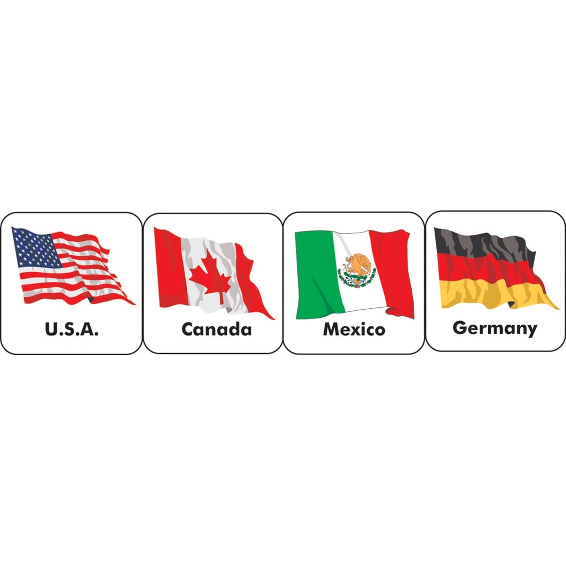 World Flags Stickers by Eureka are labeled with countries: U.S.A., Canada, Mexico, Germany