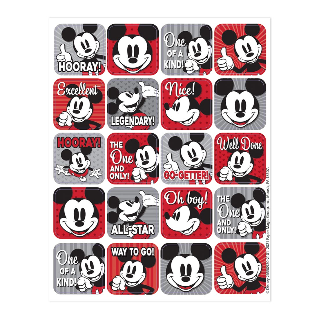 Stickers from the Mickey Mouse Throwback collection by Eureka with sayings like Hooray! One of a Kind! Legendary!