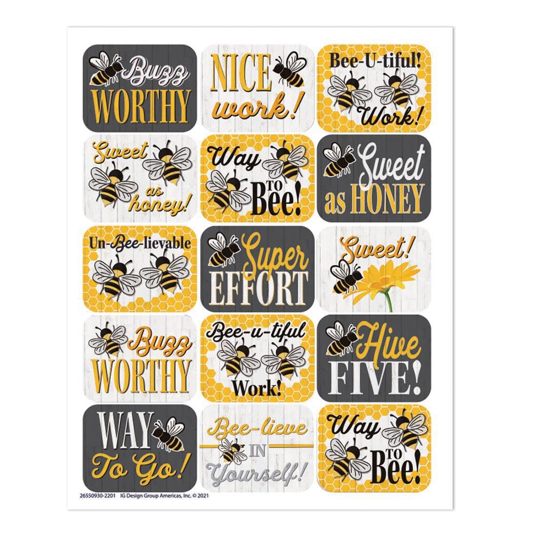 Success Stickers from The Hive collection by Eureka with sayings like Buzz Worthy, Bee-U-tiful Work!, Sweet as honey!