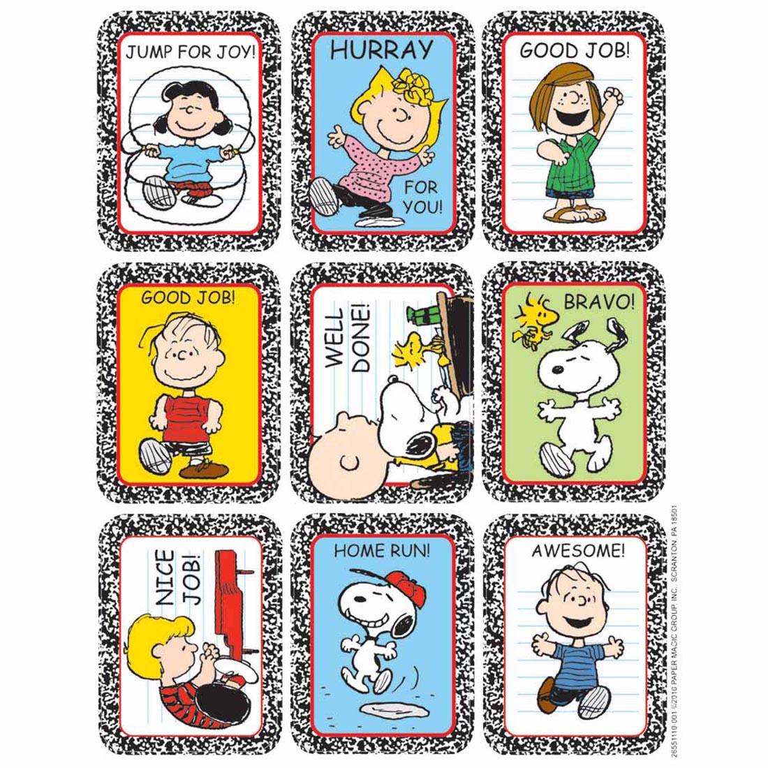 Peanuts Motivational Stickers by Eureka with sayings like Jump for Joy! Hurray for You! Good Job!
