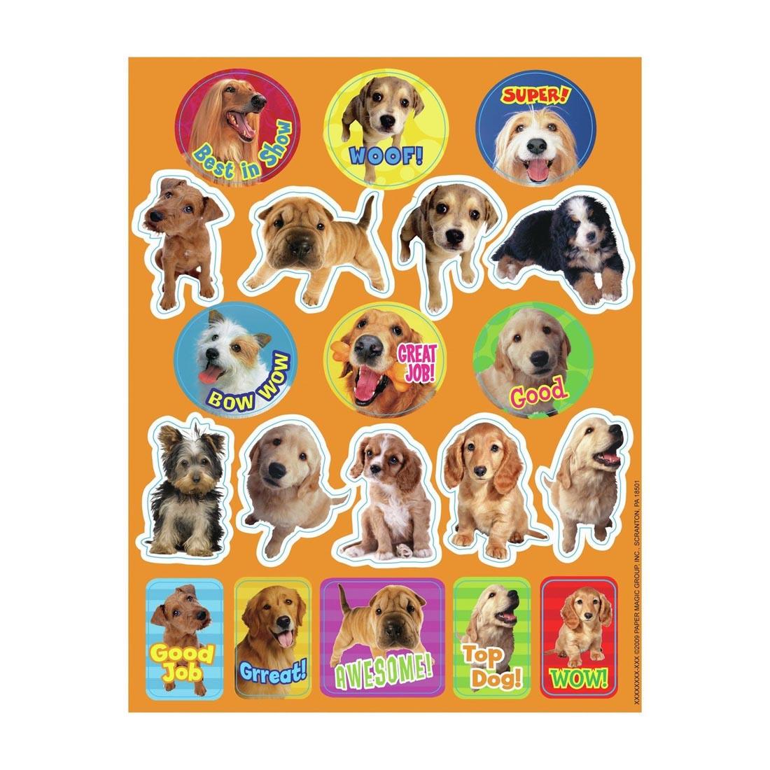 Motivational Dog Theme Stickers by Eureka have sayings like Best in Show, Woof, Super