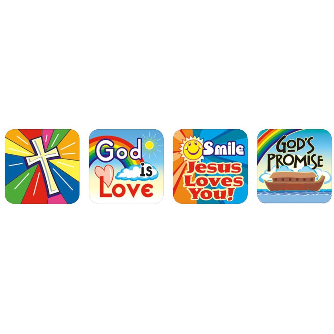 Inspirational Theme Stickers by Eureka with sayings like God is Love, Smile Jesus Loves You, God's Promise